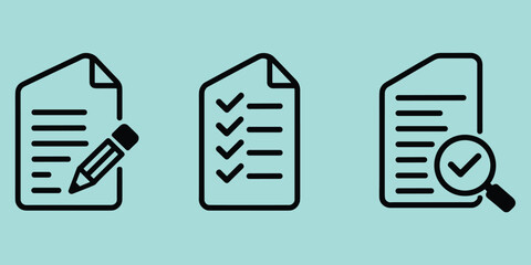 Three Document Icons One With Pencil One With Checkmarks One With Magnifying Glass On Teal Background