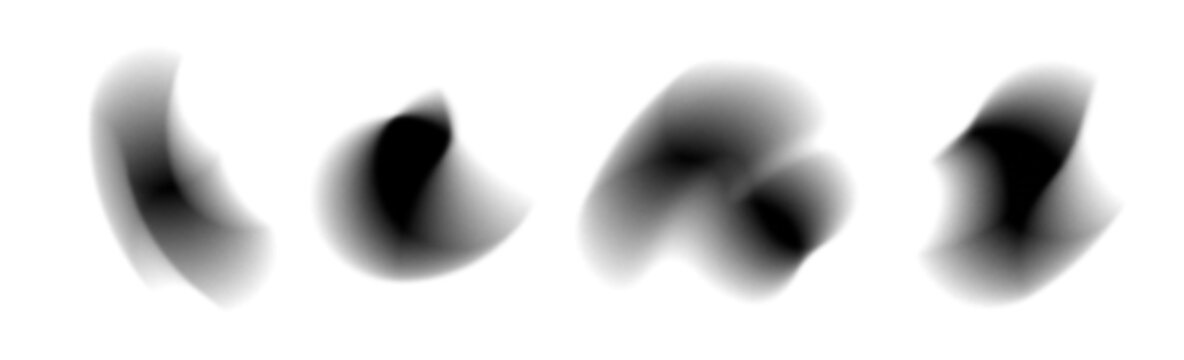 Abstract gradient blur black shape. Organic element soft gradation flow texture. Blob, spot, paintbrush transparent gradation. Fluid paint brush, blurry flow forms. Vector shape modern gradient design