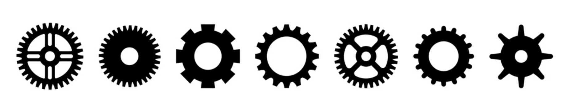 Gears shapes line icons. Flat machine gear icon. Wheel cogwheel vector. Simple outline isolated elements. Black gear.