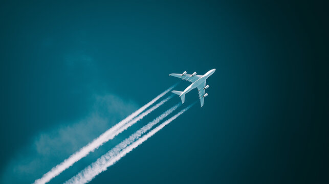 contrail. Airplane ascending into blue sky with white contrails, captured against a clean gradient background. mobility guides, transit brochures, designed for transport & logistics marketing.