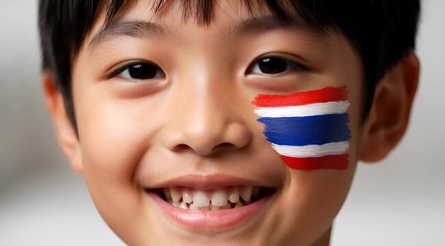Smiling Asian boy with Thai flag face paint happily blinking his eyes, motion video.