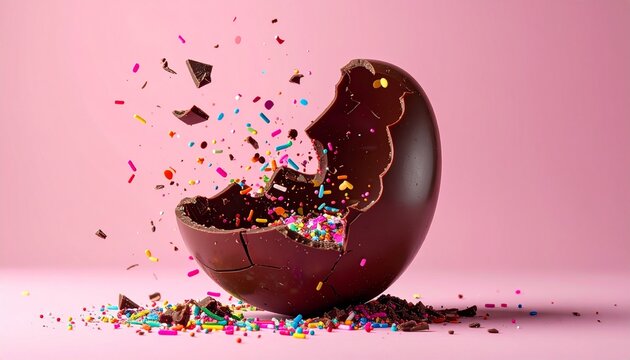 A cracked chocolate Easter egg with a confetti explosion inside.
