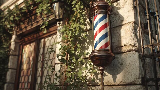 Vintage barber pole hanging outside an old rustic building with textured walls and greenery.