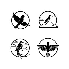 Obraz premium Set of 4 Black Bird Silhouettes in Circles, Minimalist Vector Icons