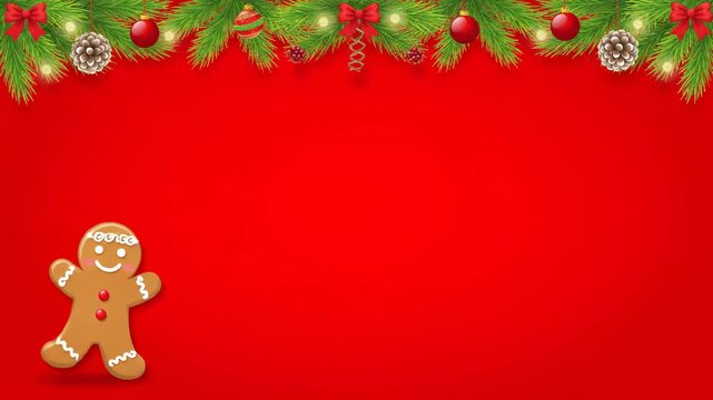 A festive red background with a decorated fir garland border and a gingerbread man. Perfect video background with wide copy space for Christmas.