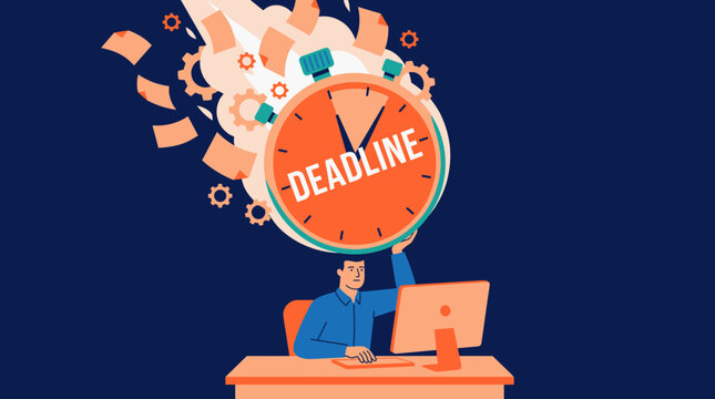 Businessman with deadline clock head exploding. Workplace stress and burnout concept. Flat design graphic