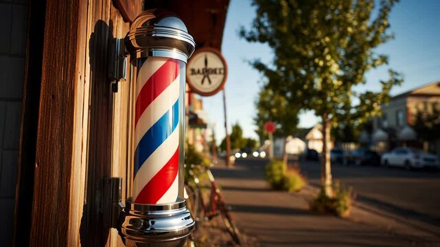 Classic barber pole mounted outside a traditional barbershop on a sunny day.