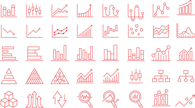 Growing bar graph icon set. Graphics and statistics icons. Collection of simple linear web icons, line charts, bar charts, pie charts