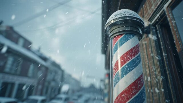 Classic barber pole covered with snow in a winter street scene.
