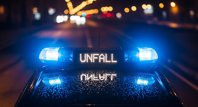 Flashing blue lights on an emergency vehicle responding to an incident on a dark city street at night