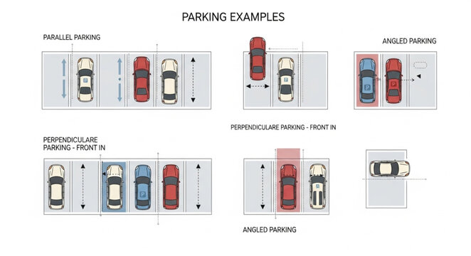 Diagram showing different parking examples and methods.