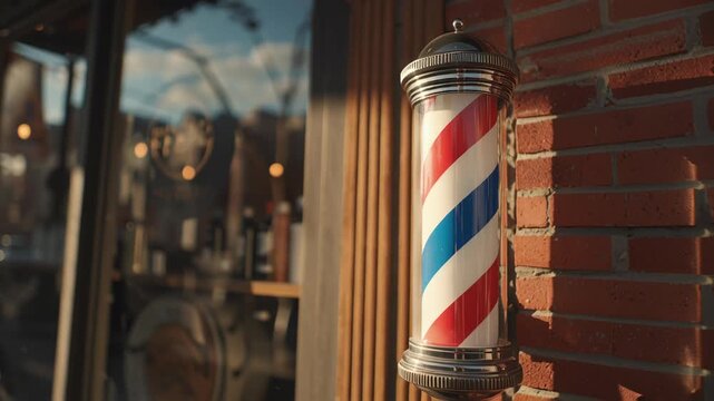 Traditional red white and blue barber pole mounted on brick wall outside barbershop.