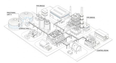 Industrial Factory Blueprint Technical Drawing.