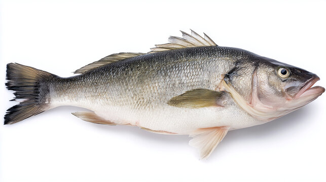 seabass. A fresh sea bass isolated on white, highlighting its texture and freshness in a simple composition. menu design.