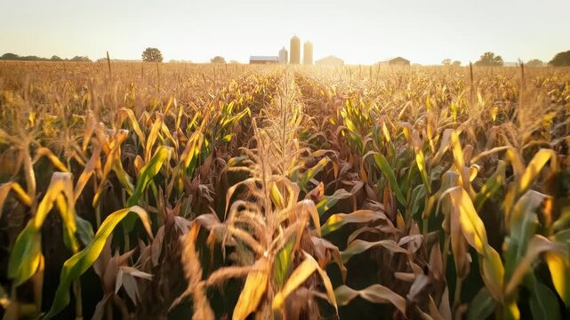 Golden cornfield under warm sunlight during late afternoon in rural farmland.
