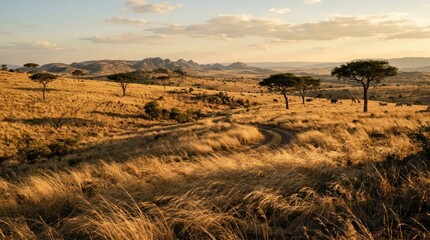 A winding dirt path traverses a vast golden savanna with scattered acacia trees