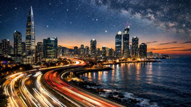 Modern coastal city skyline with illuminated skyscrapers and highway light trails under starry night sky. Timelapse animation