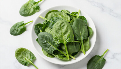 Obraz premium A white plate filled with fresh, green spinach leaves.