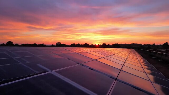 A vibrant sunset illuminates solar panels reflecting colors in a serene landscape