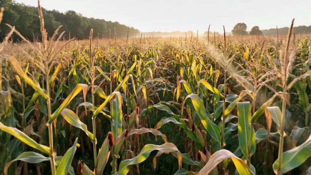 Golden cornfield at sunset with mature corn plants and rural landscape.