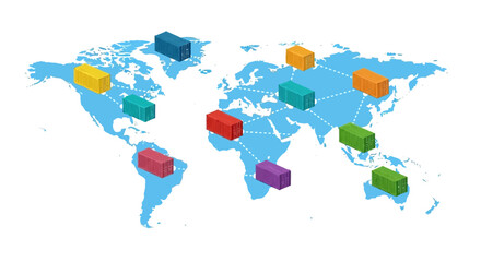 Fototapeta premium Flat lay of a world map with shipping containers on various continents against a clean white background.