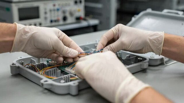 Closeup of technicians hands precisely organizing fiber cables into a protective closure tray in a controlled indoor lab environment with blurred background equipment.
