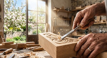 Mani di artigiano che intagliano un blocco di legno con sgorbia e trucioli. Generative AI 