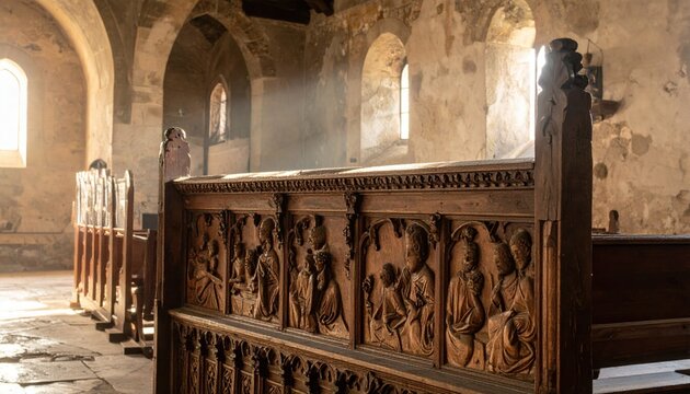 Intricately Carved Wooden Choir Stall Depicting Biblical Scenes Within an Ancient Church