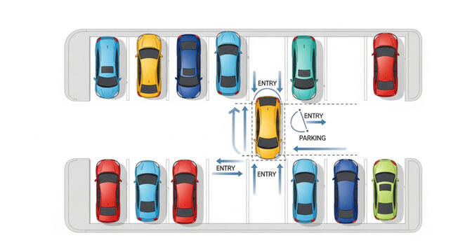 Colorful toy cars parked in a parking lot.