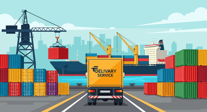 Illustration of a delivery truck driving through a bustling shipping yard with colorful containers and cranes.