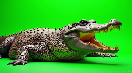 Naklejka premium A fierce crocodile with an open mouth, showcasing sharp teeth, sits against a vibrant green background, emphasizing its detailed texture.