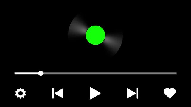 Audio music timeline bar with vinyl record spinning animation on transparent background, Video music multimedia player with alpha channel, Thirty second videotimeline progress bar