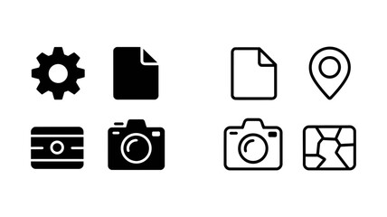 A modern compilation of essential digital tools including a gear, document, camera, and map.