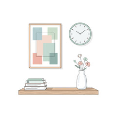 Obraz premium Minimalist wall decor: abstract art, books, vase with flowers, and clock on shelf