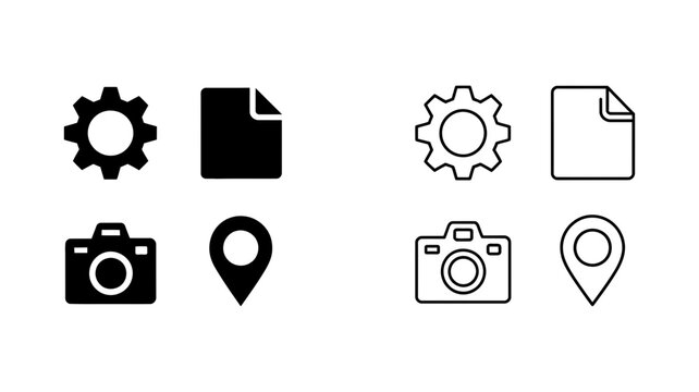 Essential digital and physical location icons showcasing settings, files, cameras, and map pins.