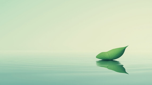 Single Green Leaf Floating on Calm Water with Minimalist Background