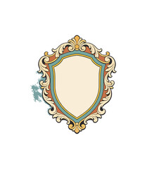 Obraz premium Ornate shield emblem with scrollwork design on black background