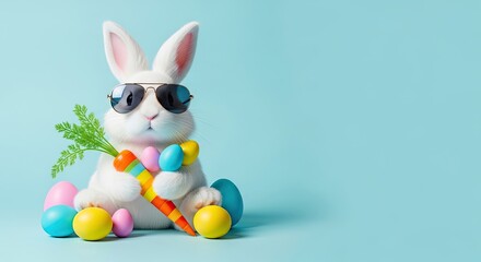 Obraz premium Ester day bunny with sunglasses and colorful eggs