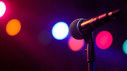 Obraz premium A close-up of a stage microphone with vibrant bokeh lights, creating a dramatic musical atmosphere. event programs, museum guides, designed for cultural heritage projects and event programs.