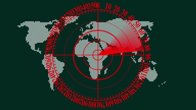 Radar screen animation on map background. Signal transmitted sonar radar .Radar point to detect enemy position.Technology world map radar screen animation. Radar Scanning loop.radar icon 
