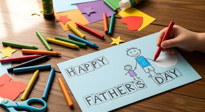 Heartfelt father's day card making with colorful art supplies and a child's drawing of a father and child on a wooden table