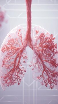 Detailed 3D illustration of human lungs with trachea and bronchial tubes in pink tones.
