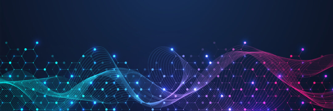 Molecular abstract structure and genetic engineering DNA. Healthcare and medicine background concept. Scientific research background. Wave flow. Innovation pattern. Vector illustration.