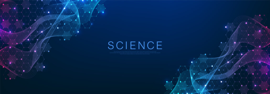 Molecular abstract structure and genetic engineering DNA. Healthcare and medicine background concept. Scientific research background. Wave flow. Innovation pattern. Vector illustration.