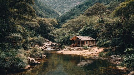 Fototapeta premium Serene woodland retreat by a tranquil river surrounded by lush greenery and majestic mountains in the background, evoking peace and natural beauty.