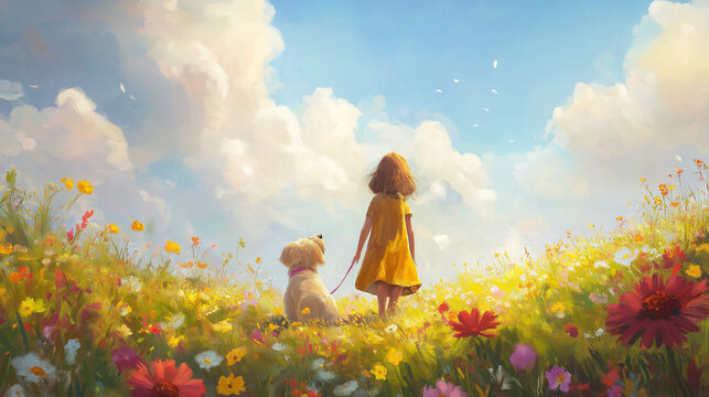 Little Girl in a Yellow Dress Walking Her Pet Dog in a Field of Colorful Wildflowers under a Bright Sky