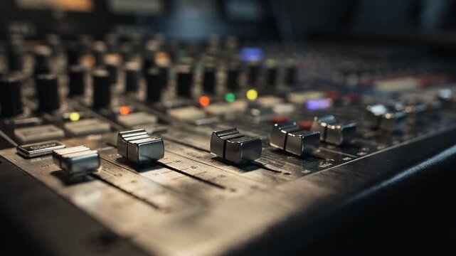Closeup of audio mixing console faders illuminated by studio lights emphasizing smooth movements and tactile control in a live music production setting.