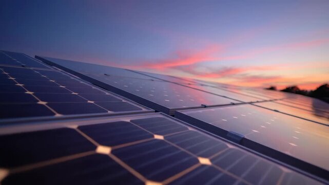 Solar panels reflecting the colorful hues of a sunset against a clear sky