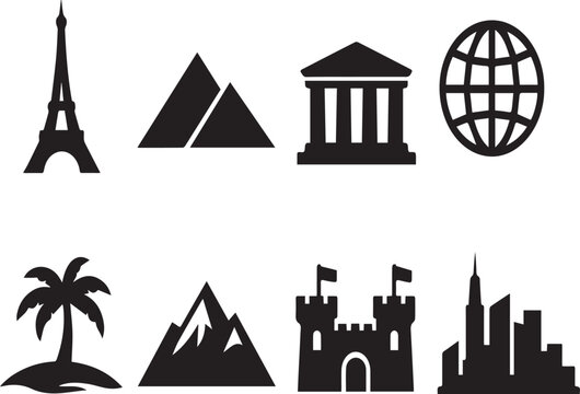 Collection of iconic landmarks and travel symbols in black silhouette