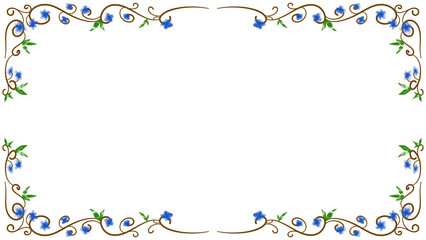 Hand-drawn floral border frame with blue flowers and green leaves on elegant brown vine swirls. © Febrial Chalik